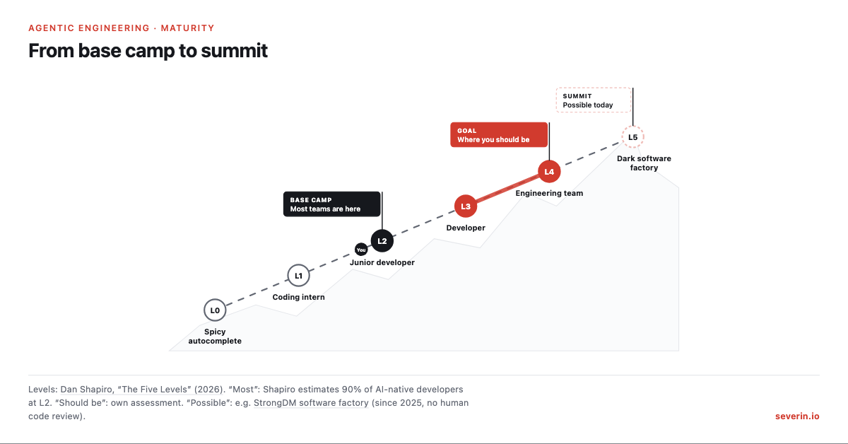 L0 to L5 as a climb up a mountain: base camp at L2 where most teams are, the goal at L3 to L4, the summit L5 possible today.